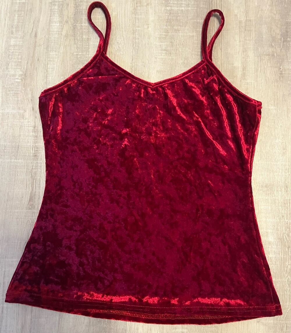 Y2K Crushed Velvet Cami V Neck Sweetheart Tank Top Red Grunge Goth Romantic S
